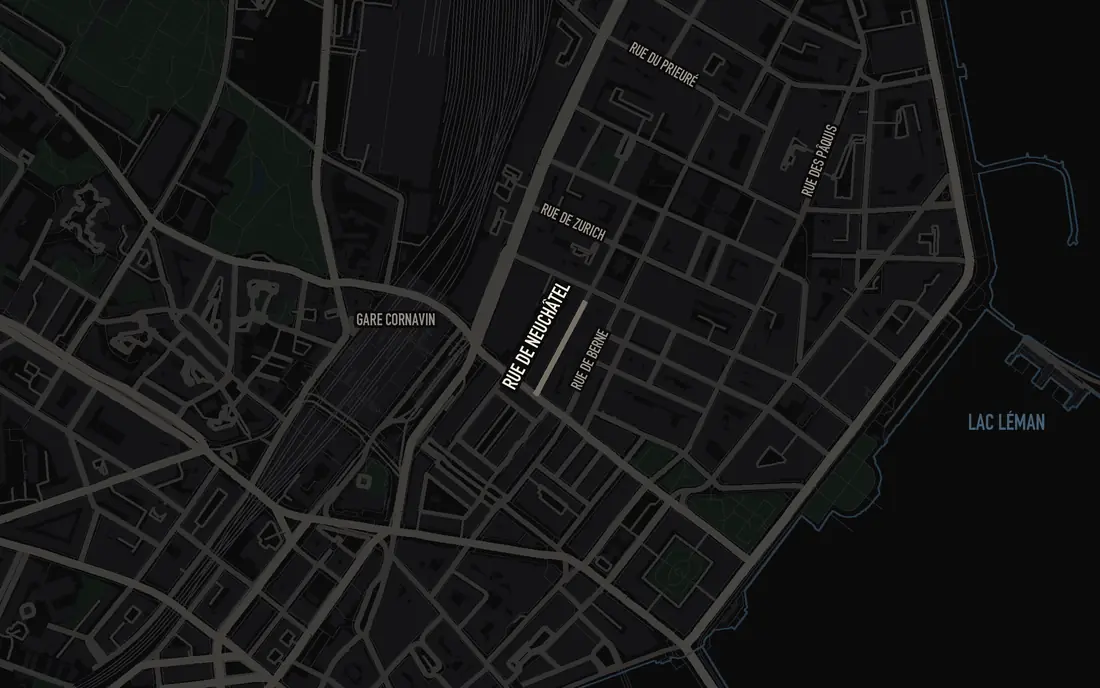 Plan du quartier des Pâquis, avec Pizza Lina à la rue de Neuchâtel 5, la gare Cornavin et le lac