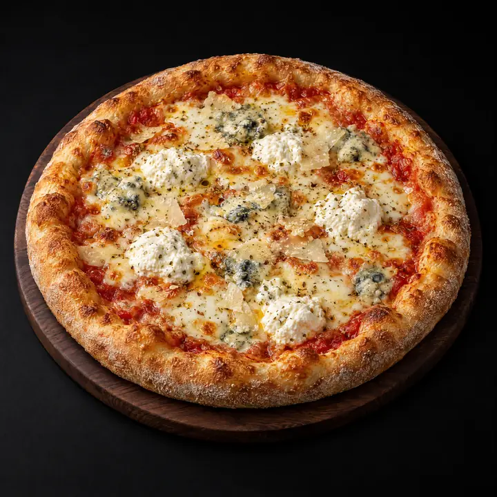 Pizza avec sauce tomate, mozzarella, origan, gorgonzola, ricotta et parmesan
