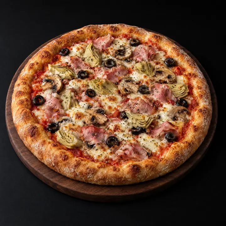 Pizza avec sauce tomate, mozzarella, origan, jambon cuit, artichauts et champignons, olives