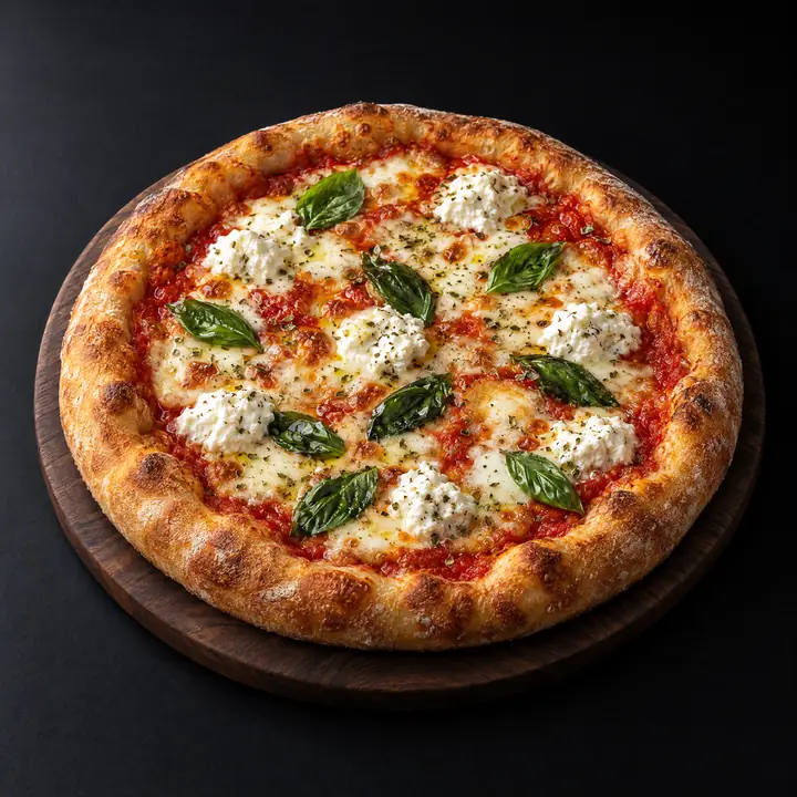 Pizza avec sauce tomate, mozzarella, origan, ricotta et basilic