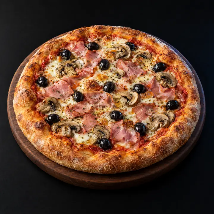 Pizza avec sauce tomate, mozzarella, origan, jambon cuit, œuf et olives, champignons