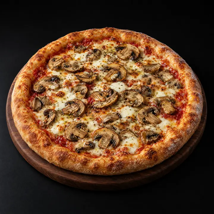 Pizza avec sauce tomate, mozzarella, origan et champignons