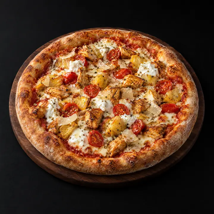 Pizza avec sauce tomate, mozzarella, origan, buffala, poulet, ananas, parmesan et tomates cerises