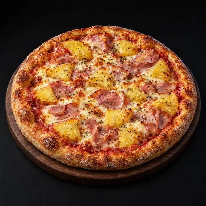 Pizza avec sauce tomate, mozzarella, origan, jambon et ananas