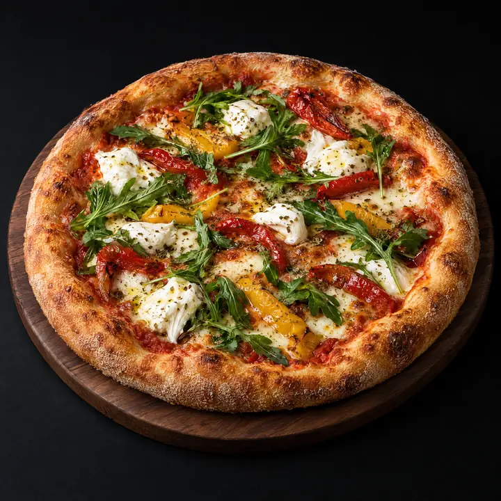 Pizza avec sauce tomate, mozzarella, origan, buffala, roquette et poivrons