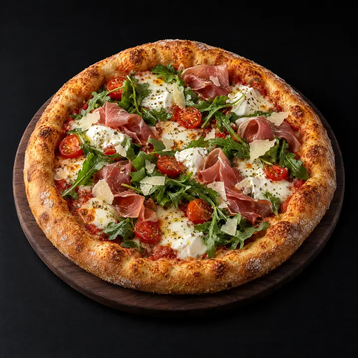 Pizza avec sauce tomate, mozzarella, origan, buffala, roquette, parmesan et tomates cerises, jambon cru