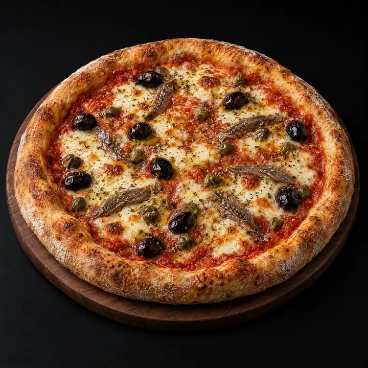 Pizza avec sauce tomate, mozzarella, origan, anchois, olives et câpres