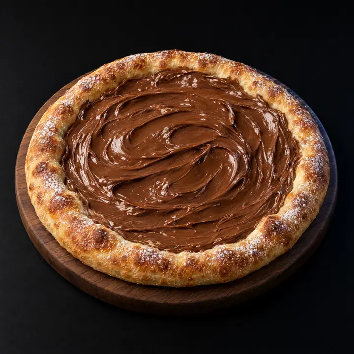 Pizza sucrée nappée de Nutella, bord doré saupoudré de sucre glace