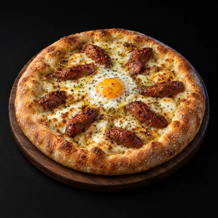 Pizza avec mozzarella, origan, merguez et œuf