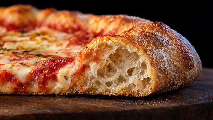 Le bord d’une pizza coupée, mie alvéolée, sur une planche en bois