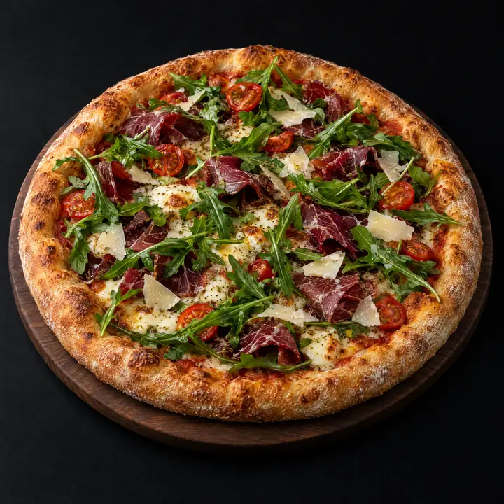 Pizza avec sauce tomate, mozzarella, origan, viande séchée, parmesan, tomates cerises