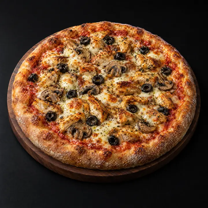 Pizza avec sauce tomate, origan, poulet, champignons et olives