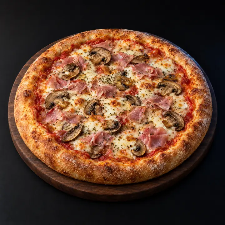 Pizza avec sauce tomate, mozzarella, origan, jambon, jambon cuit et champignons