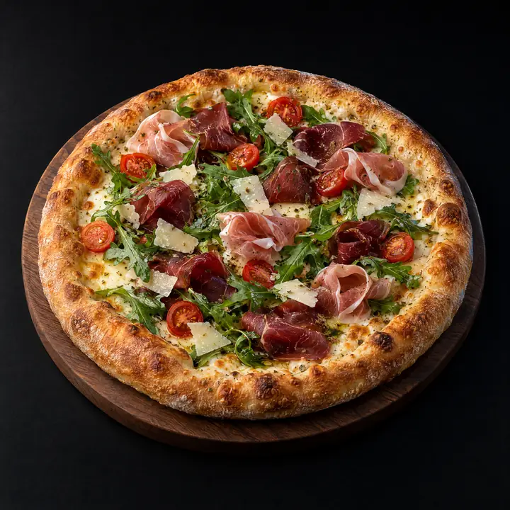 Pizza avec mozzarella, origan, roquette, bresaola, parmesan et tomates cerises, jambon cru