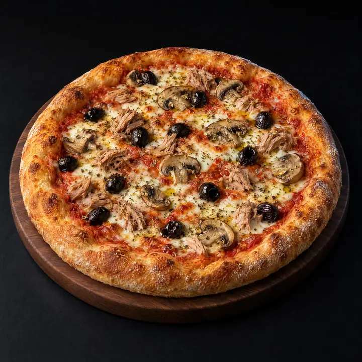Pizza avec sauce tomate, mozzarella, origan, thon, champignons et olives