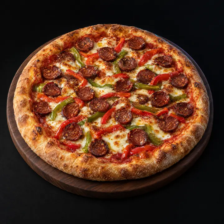 Pizza avec sauce tomate, mozzarella, poivrons, suxhuk