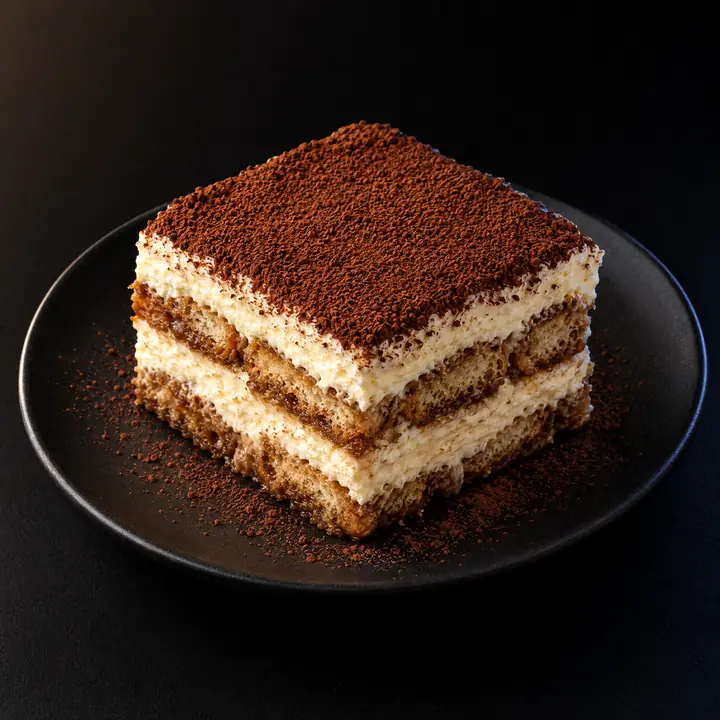 Une part de tiramisu poudrée de cacao sur une assiette noire