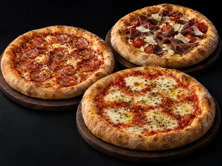 Trois pizzas sur des planches en bois sombre