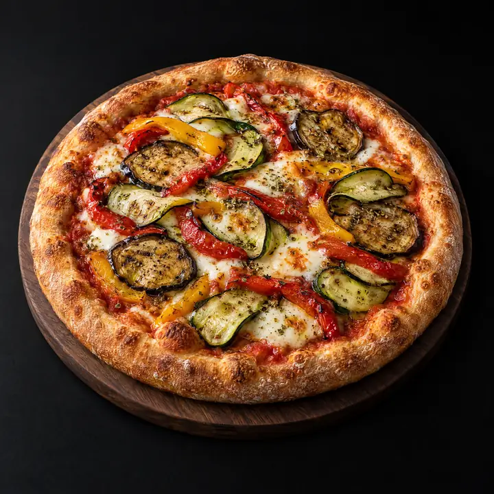 Pizza avec sauce tomate, mozzarella, origan, aubergine, courgette, poivrons